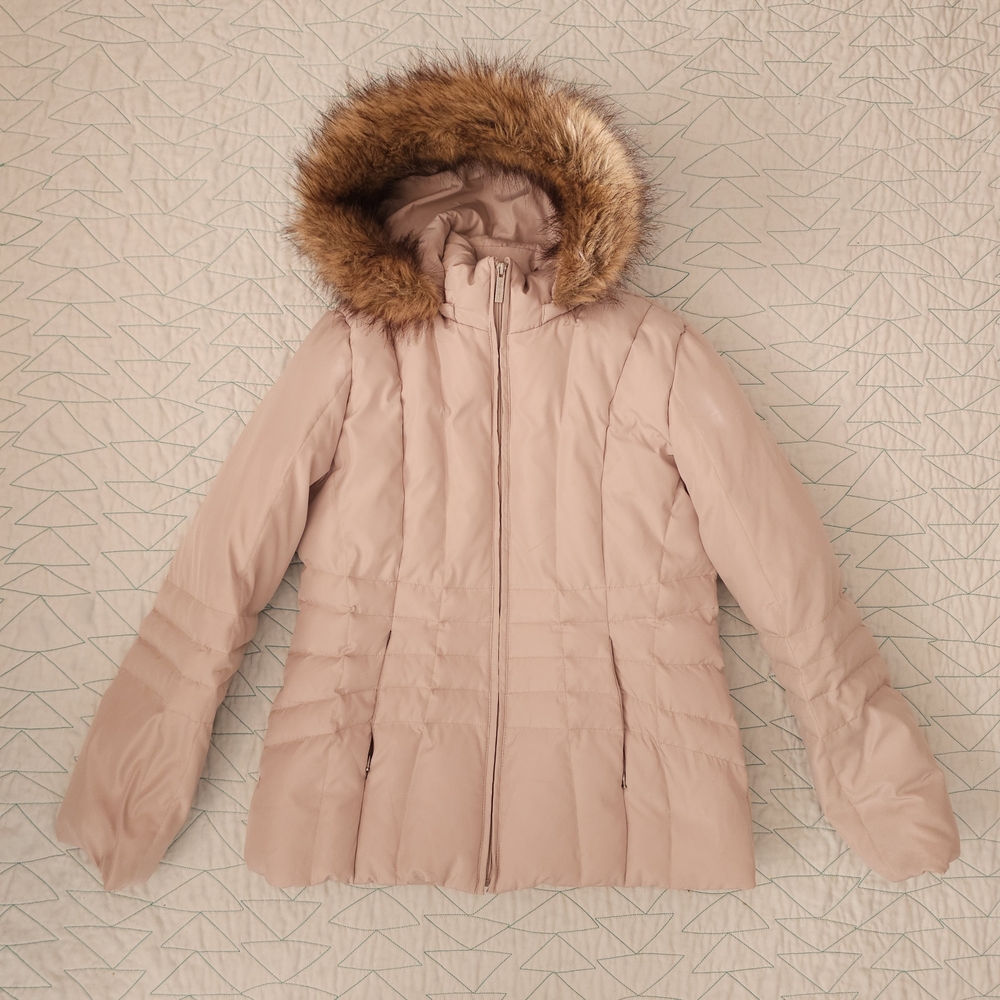 Calvin Klein Beige Duck Down Puffer Coat Faux Fur Hood Winter Warm
